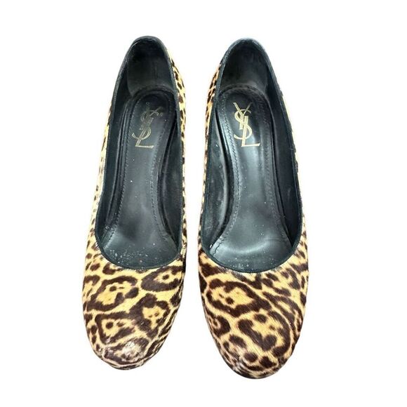 Saint Laurent Paris Beige/Brown Leopard Print Pony Hair Tribtoo Platform Pumps S - Picture 3 of 7